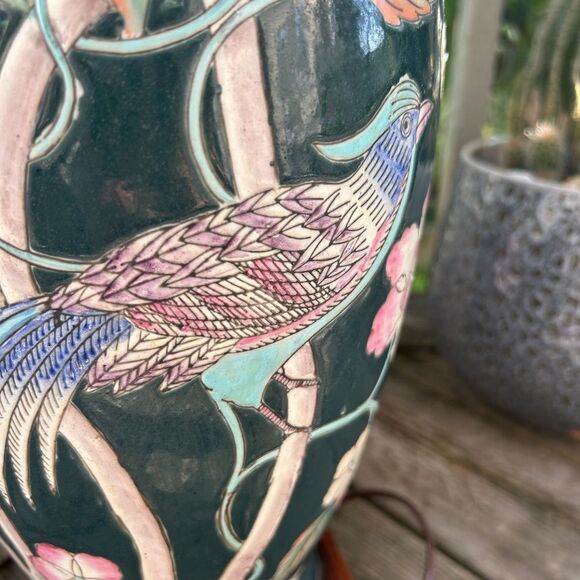 Vintage Chinoiserie Asian Lamp Blue Green Pink Bird Floral 25” Tall - Picture 12 of 16